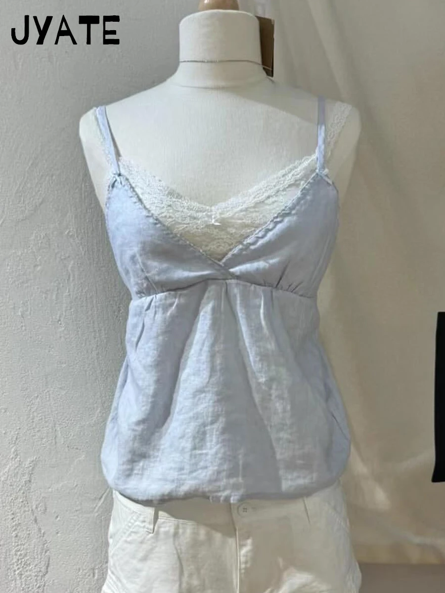 Sweet Blue Lace Trim V-neck Bow Sleeveless Vests Women New Cute Cotton Casual Back Strap Tank Tops Simple Vintage Chic Y2K Camis