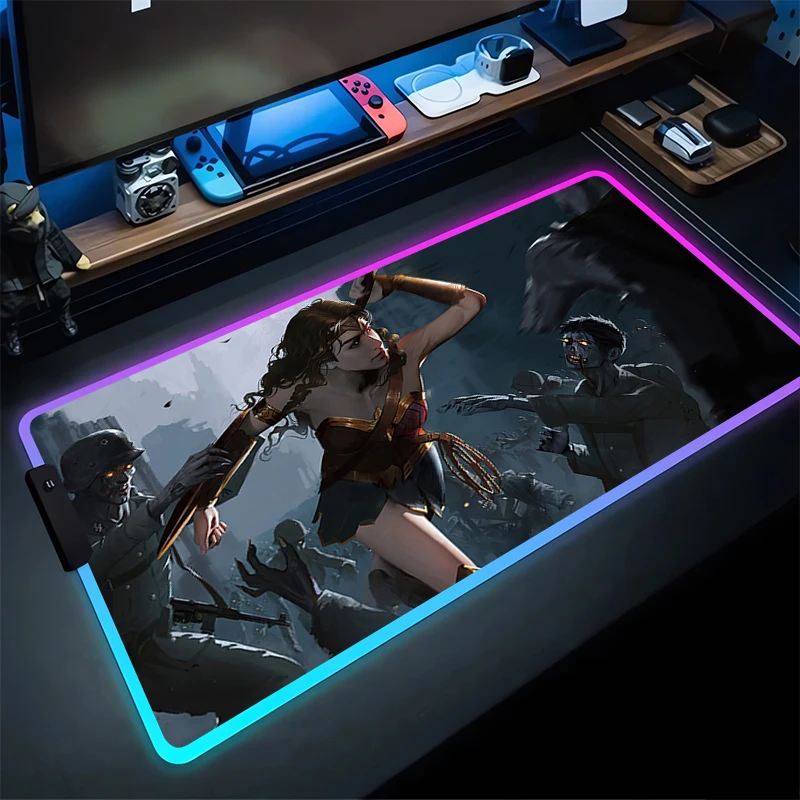 RGB Mouse Pad W-Wonder W-Woman Non-Slip Rubber Edge locking mousepads Game play mats notebook computer With Backlit Home Decor