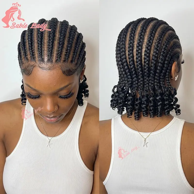 Handmade Short Bob Cornrow Braided Wigs Synthetic Glueless HD Full Lace Knotless Box Braided Wig With Curly Ends