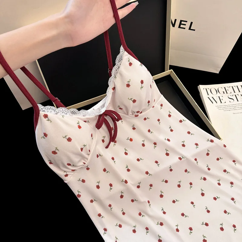 Women Bow Detail Sexy Lingerie New Summer Ice Silk Ribbed Stretch Lace Polka Dot Spaghetti Strap Nightdress Loungewear