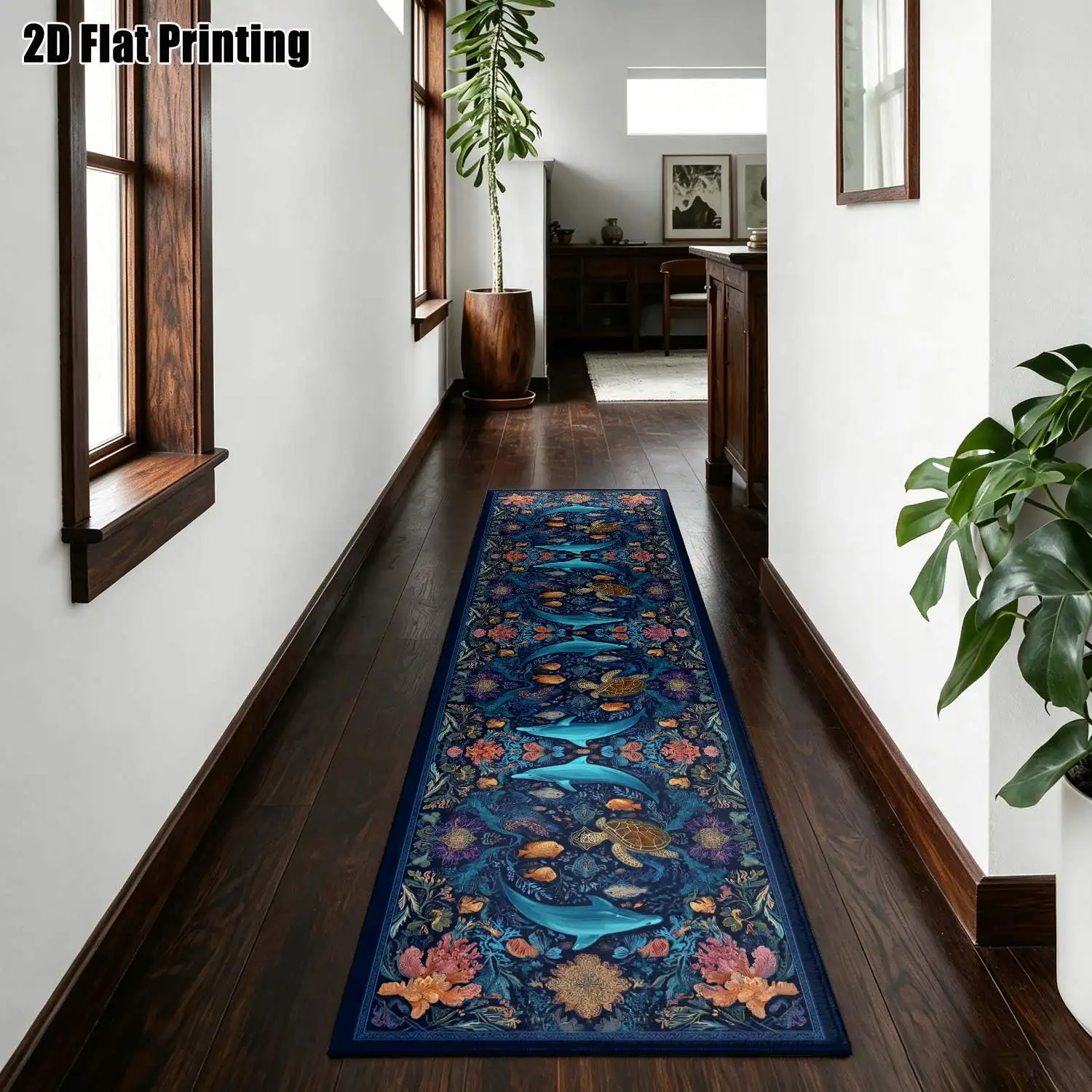 1Pc 2D Printed Long Strip Rug, Dark Blue Marine Pattern, European/Bohemian/Geometric Striped Style Home Decor, Multi-Size, Machine Washable, Ideal for Entryway, Hallway, Living Room, Bedroom.