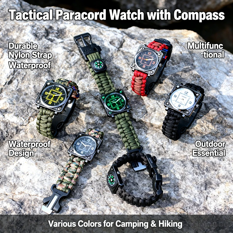 ساعة EDC الجديدة للبقاء على قيد الحياة - معدات خارجية متعددة الوظائف مع صفارة وإطلاق النار وبوصلة، ضرورية لتخييم تسلق الجبال