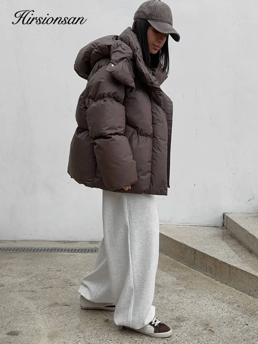 سترة Hirsionsan 2025 كاجوال لتنحيف الخصر مع غطاء للرأس متوسطة قصيرة من القطن للخبز سترة نسائية من القطن السميك باللون البني #4