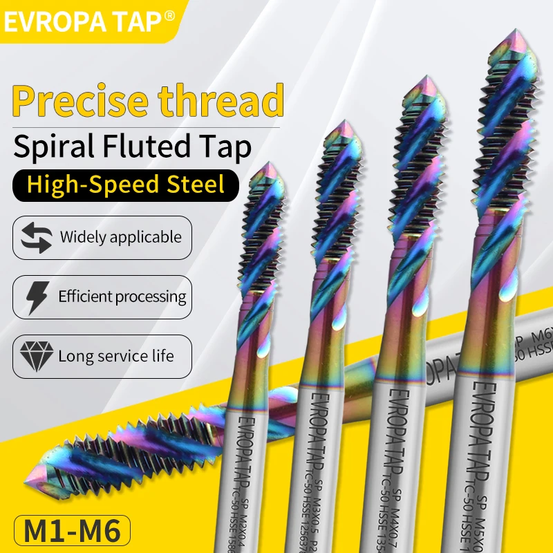 

EVROPA TAP 8PCS M1-M6 Bearing Steel Taper Spiral Fluted Tap Set Kit Screw Thread Tap Drill M1 M1.2 M1.6 M2 M M4 M5 M6