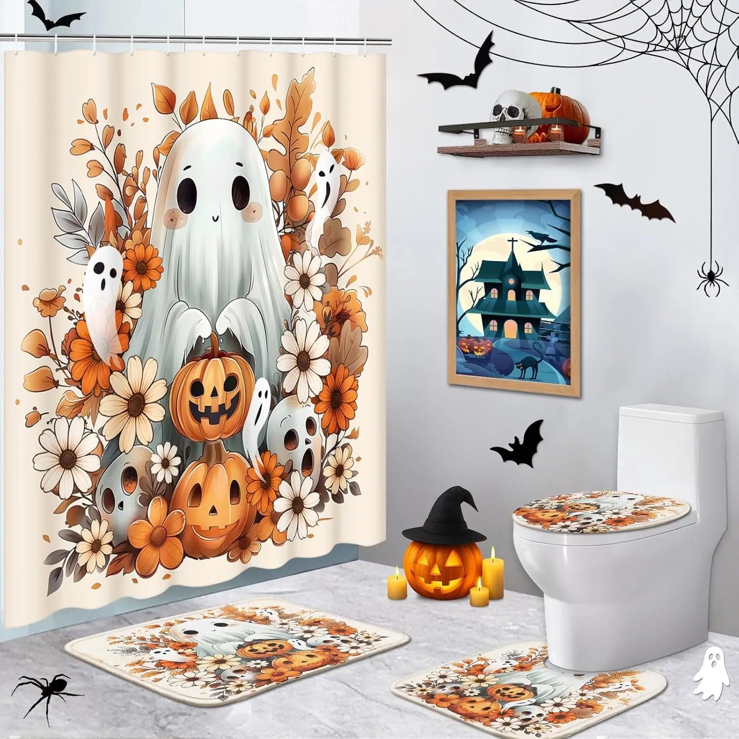 Halloween Ghost Pumpkin Bathroom Set with Shower Curtain and Rug and Accessories, Fall  Curtain Set for Bathroom Decor 4 Pcs