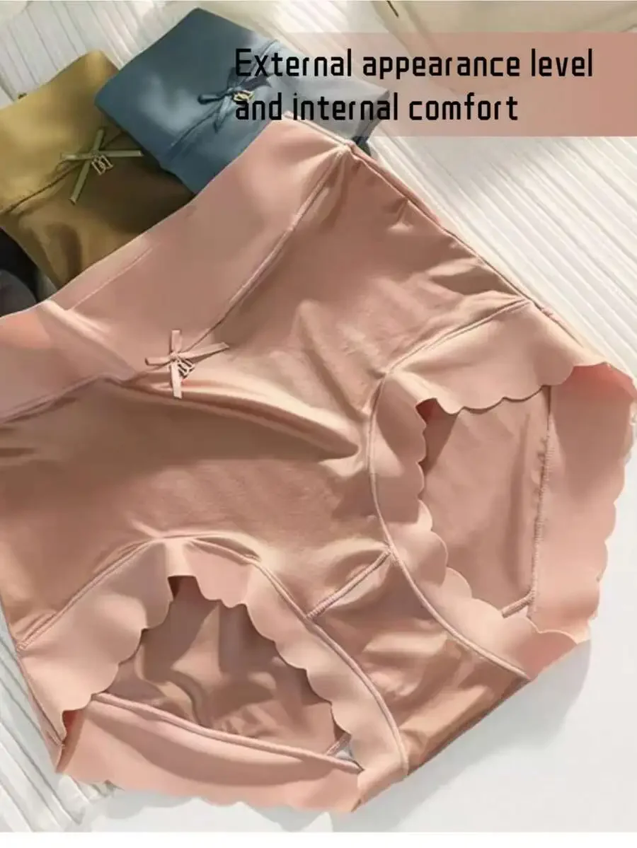 

Womens Satin-Like Ice Silk Mid-Waist Seamless Panties With Ruffled Bow Decoration
