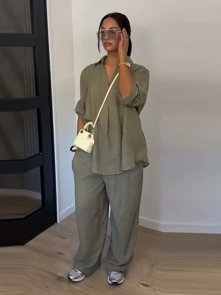 Fashion Solid Long Pants Set Women Chic Lapel Single Breasted Shirt High Waist Wide Leg Trousers 2026 Spring Summer 2 Pcs Outfit - Image 2