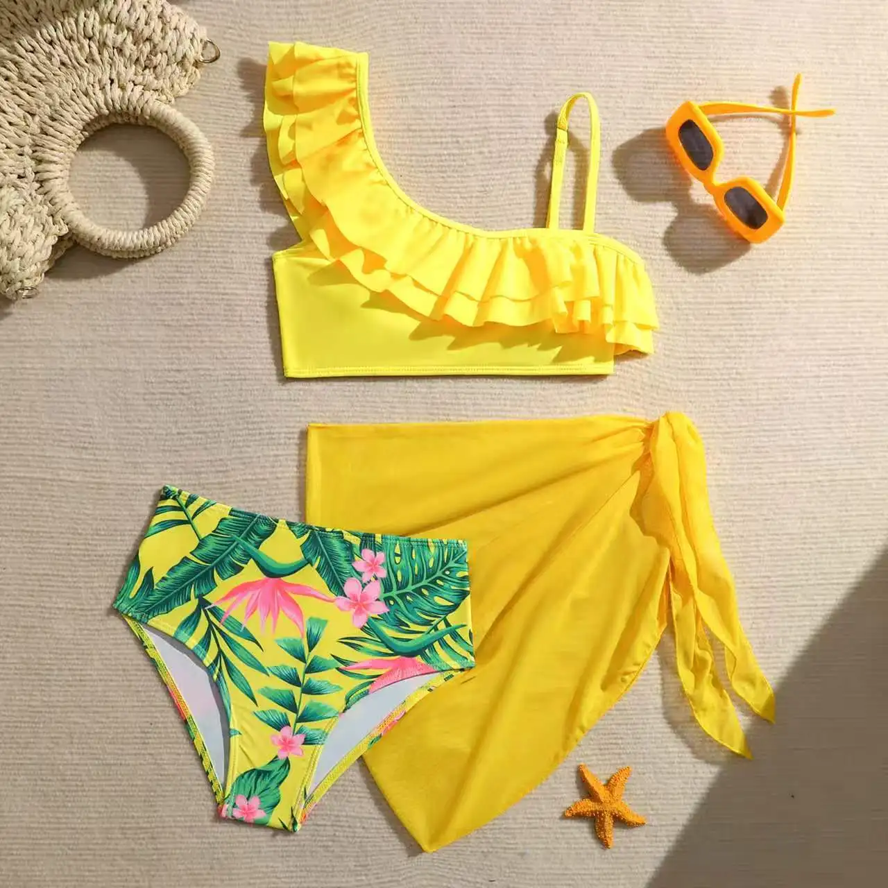 

Girls 3pack Leaf Print One Shoulder High Waist Bikini Kids Swimsuit 8-12 Years Children's Swimwear Teenagers Bathing Suit Yellow