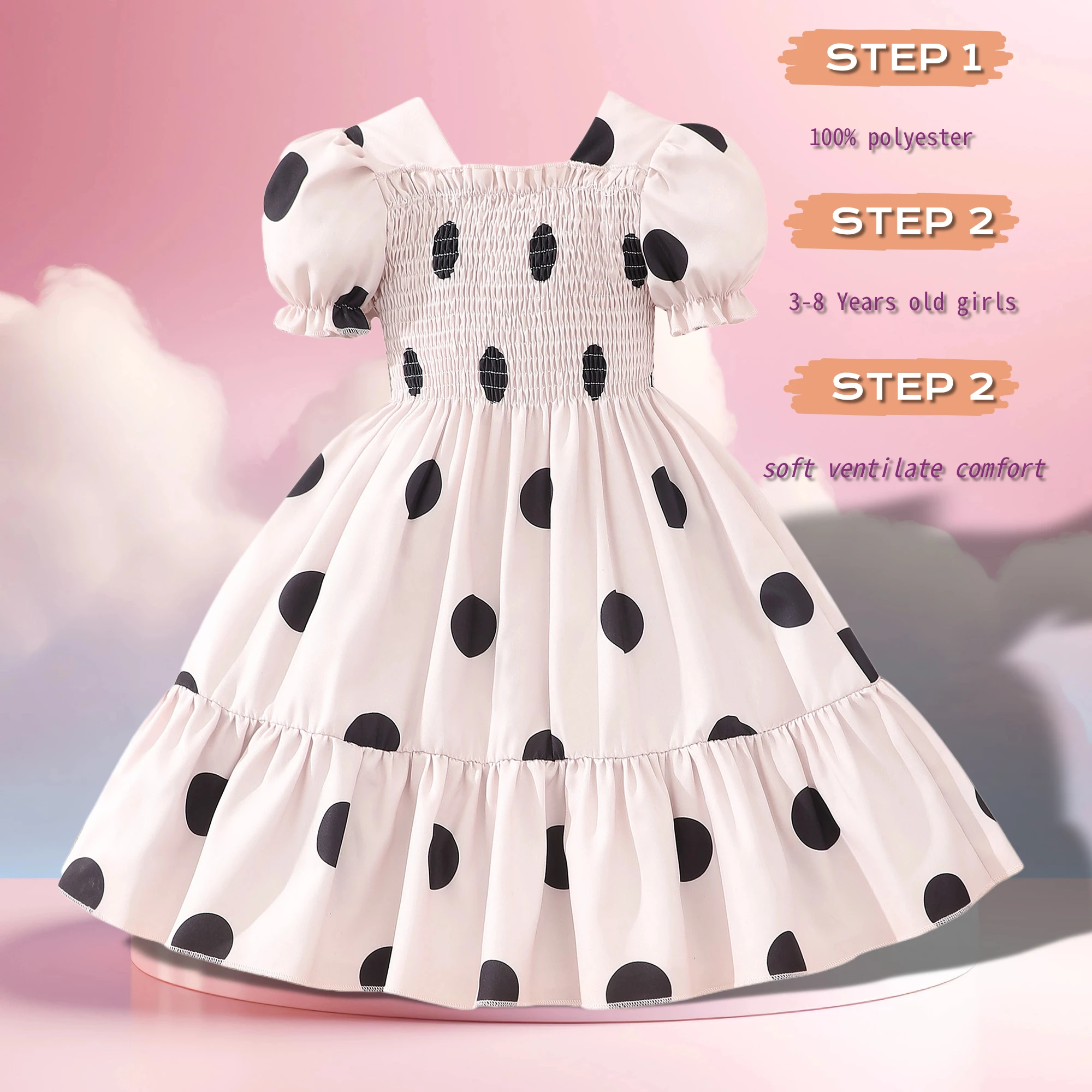 Baby Girls Summer Dress Elegant Princess Dresses 3 4 5 6 7 8 Years Old Short Sleeve Square Neck Round Dot