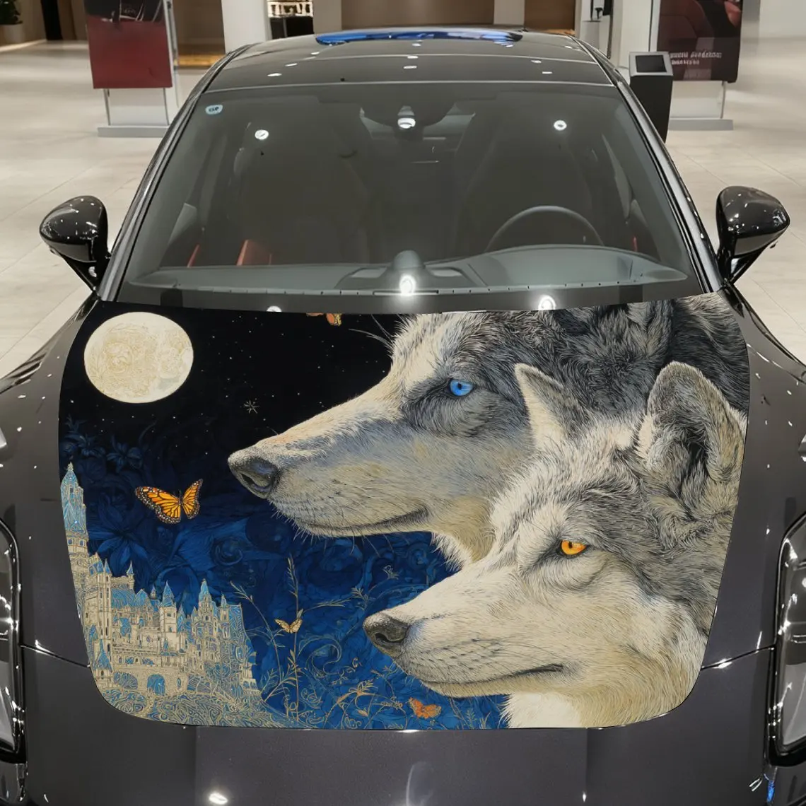 Moonlight Twin Wolves Car Hood Decal Sticker - Durable Vinyl Protective Film For Most Vehicles, Scratch-Resistant Automotive Ext