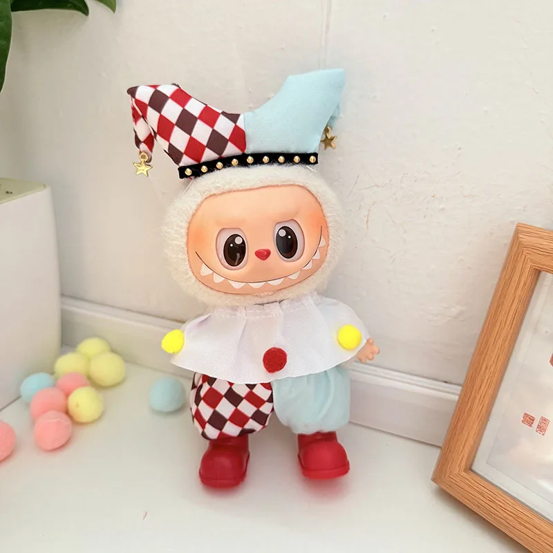 

Clothes For Labubu Clown Themed Outfits Featuring Checkered And Light - blue Clown Hats Tops With Colorful Decorative Ball