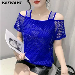 Streetwear Summer Short Sleeved Off The Shoulder Women Hot Diamonds Tees Top Elegant Chic Design Hollow Out Loose Female T-Shirt