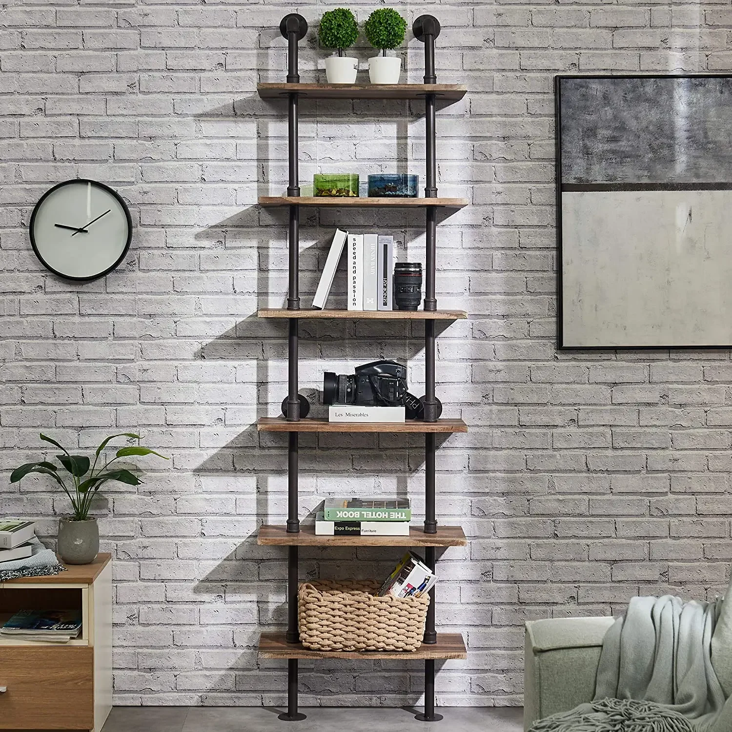 Industrial Bookshelf 6-Tier Modern Ladder Shelf,  Metal Pipes and Wood Shelves, Display Bookshelf for Storage Collection