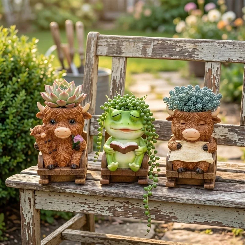 Highland Cow Frog Small Succulent Planter Cute Resin Decorative Desktop Ornament For Home Patio Garden Housewarming Gift