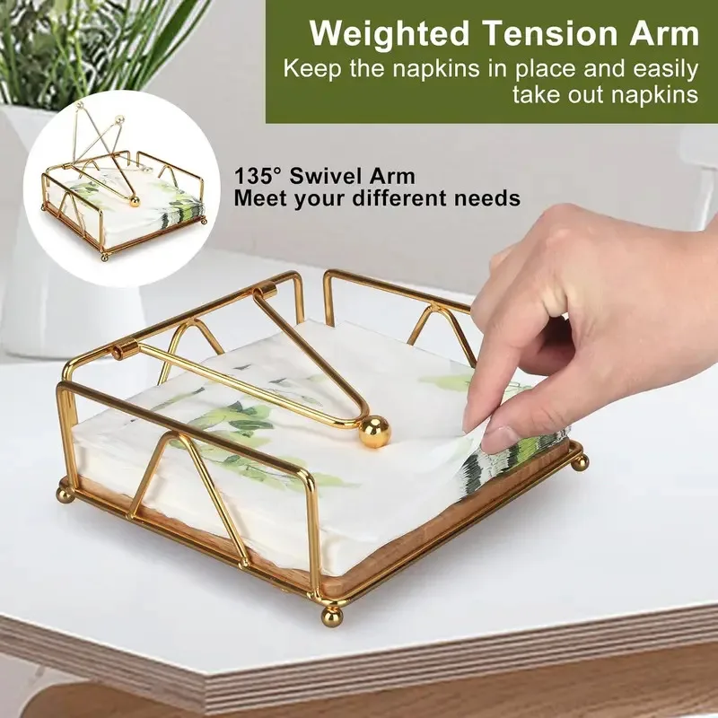 Gold modern napkin holder for table with weighted arm, square metal napkin tray, rustic farmhouse kitchen dining paper stand