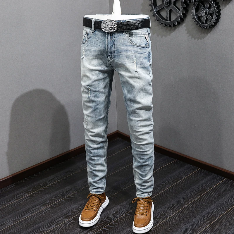 

Italian retro new fashion designer embroidery men's jeans retro blue elastic Slim small straight men's pants casual jeans Hombre