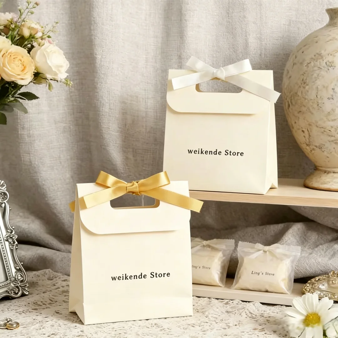 20Pcs/lot Jewelry Texture Handle Bag 15.5x14.5x7.5cm Same Color Bowknot Ribbon Handbags Cosmetic Perfume Cookies Cake Organizer