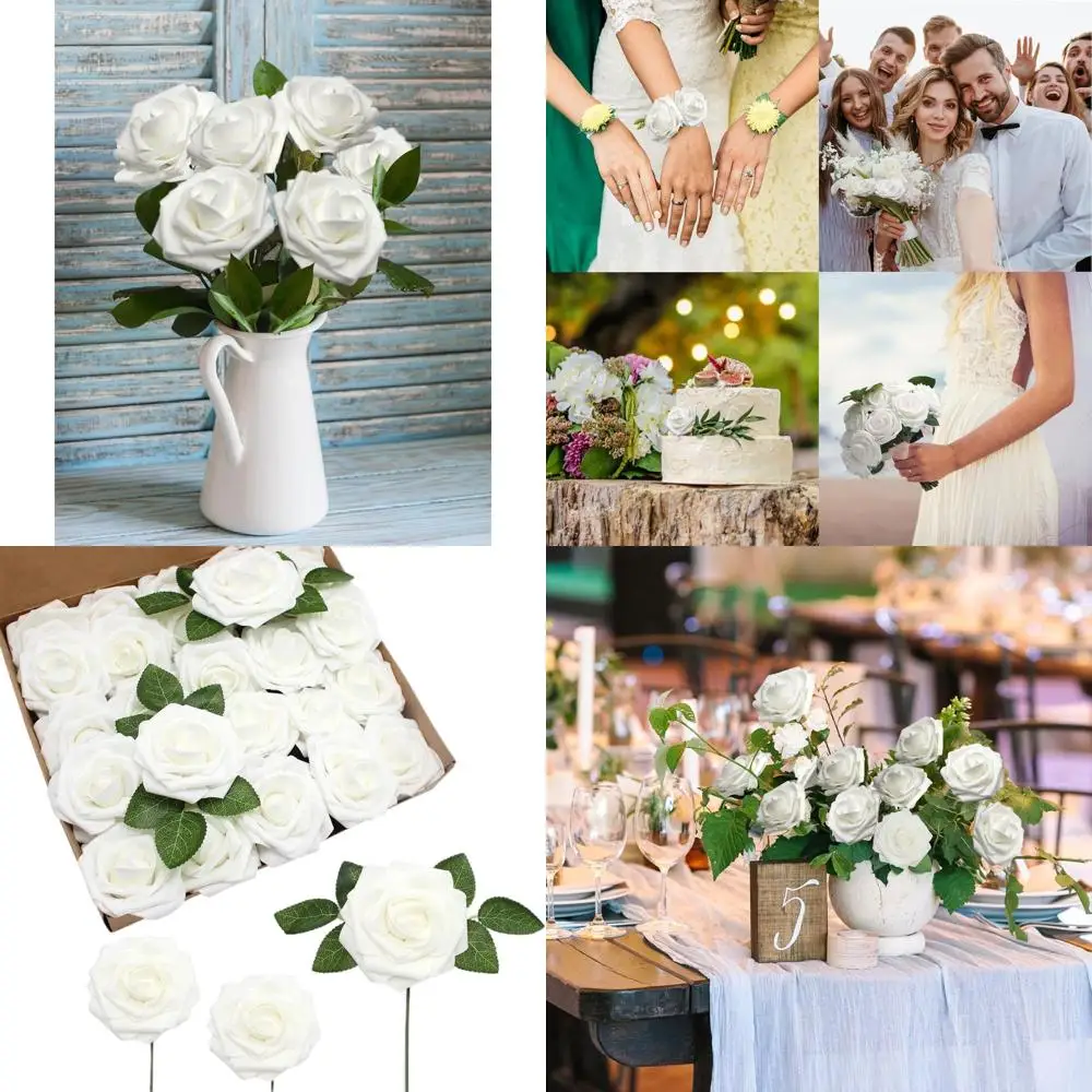 

200pcs White Artificial Realistic Roses with Stems for Weddings, DIY Bouquets, and Home Decorations