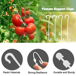 Suporte de planta de tomate plástico ajustável, J-Hook Clips, Tomate Trellis Clips para apoiar ramos e segurar Big Heavy Tomate, 100 pcs