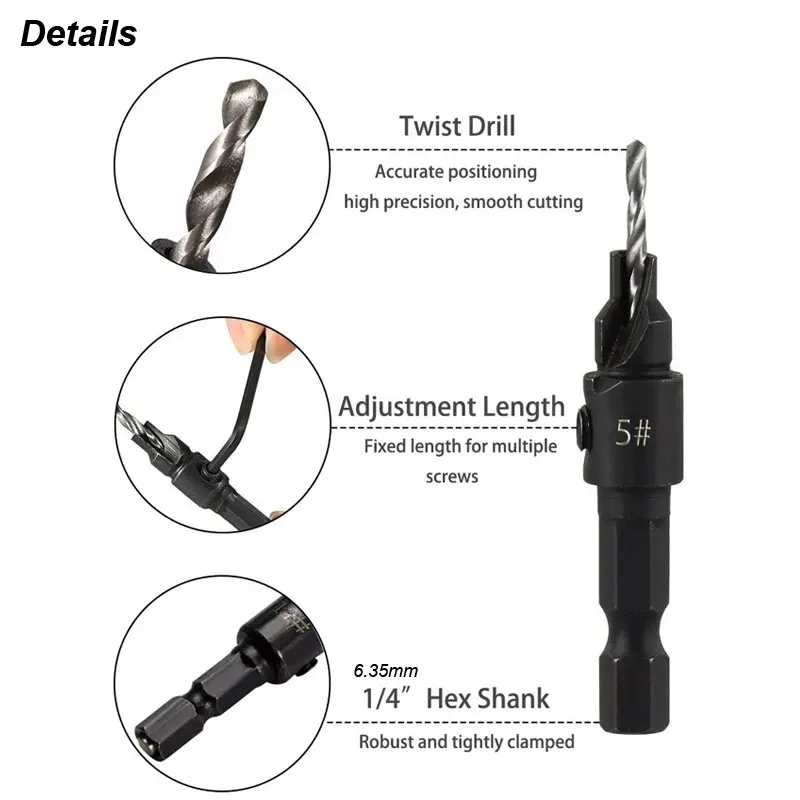 Countersink Drill Bit Set for Wood Counter Sink Wood Pilot Screw Hole Cutter Counterbore Reamer Tapered Chamfer Woodwooking Tool