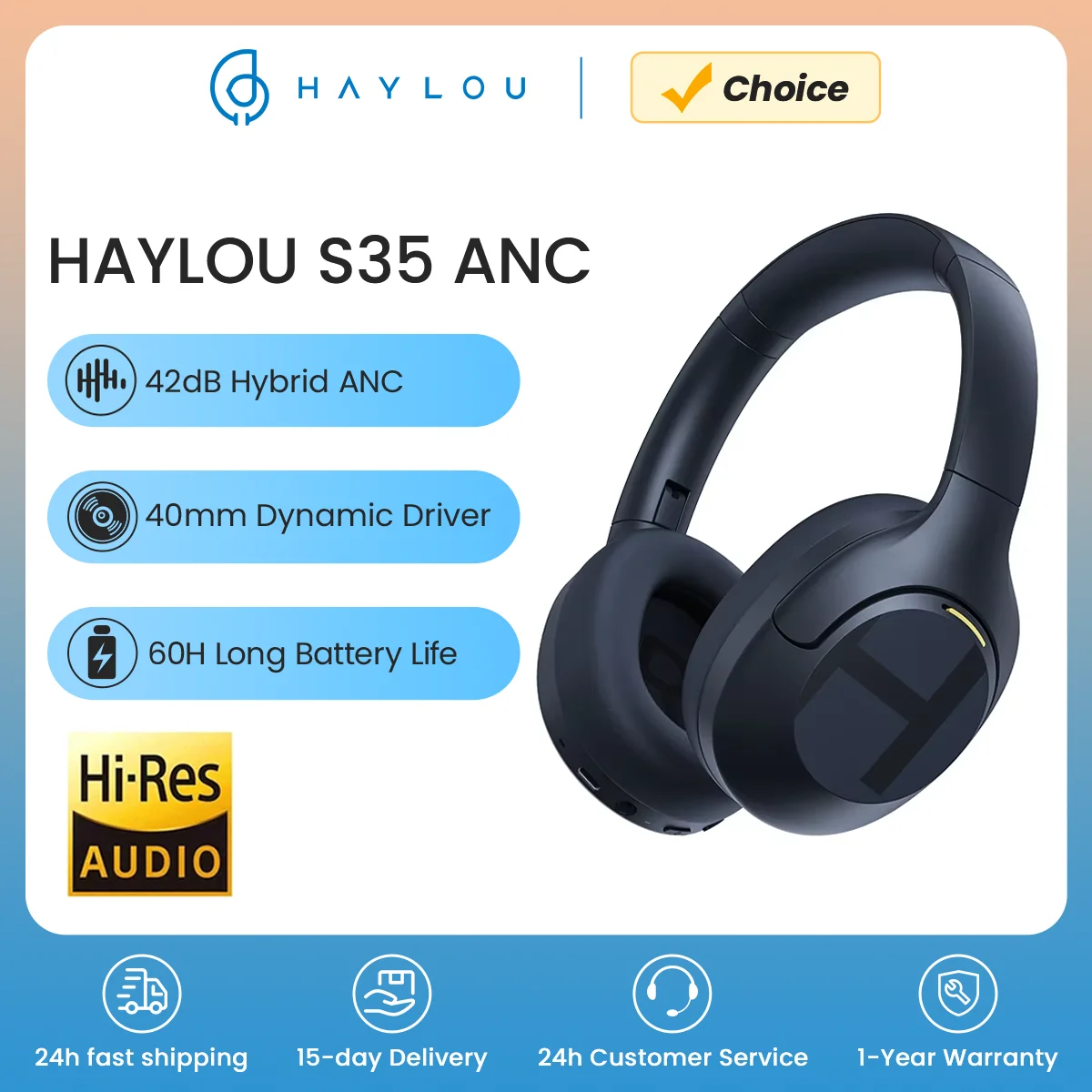 

HAYLOU S35 ANC Wireless Headphone Hybrid Active Noise Cancelling Over-Ear Headphones Bluetooth 5.2 40mm Driver Headset Earphone