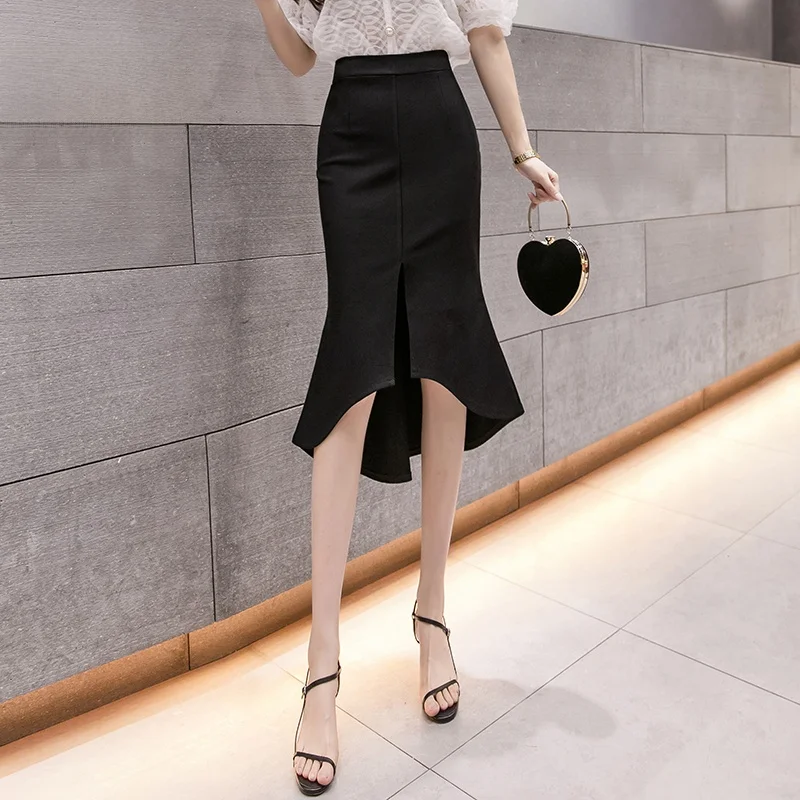 Fishtail Skirt Black Professional Skirt Women's 2024 Summer Mid-Length High Waist A Word Front Slit Sheath Skirts Mid-Length ...