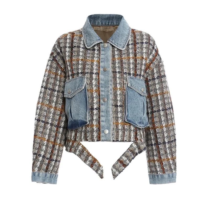 Retro Modern Women Wool Splicing Denim Coat Dolman Sleeve Lapel Cotton Padded Jacket Plaid Loose Short Coat New Arrival In Stock