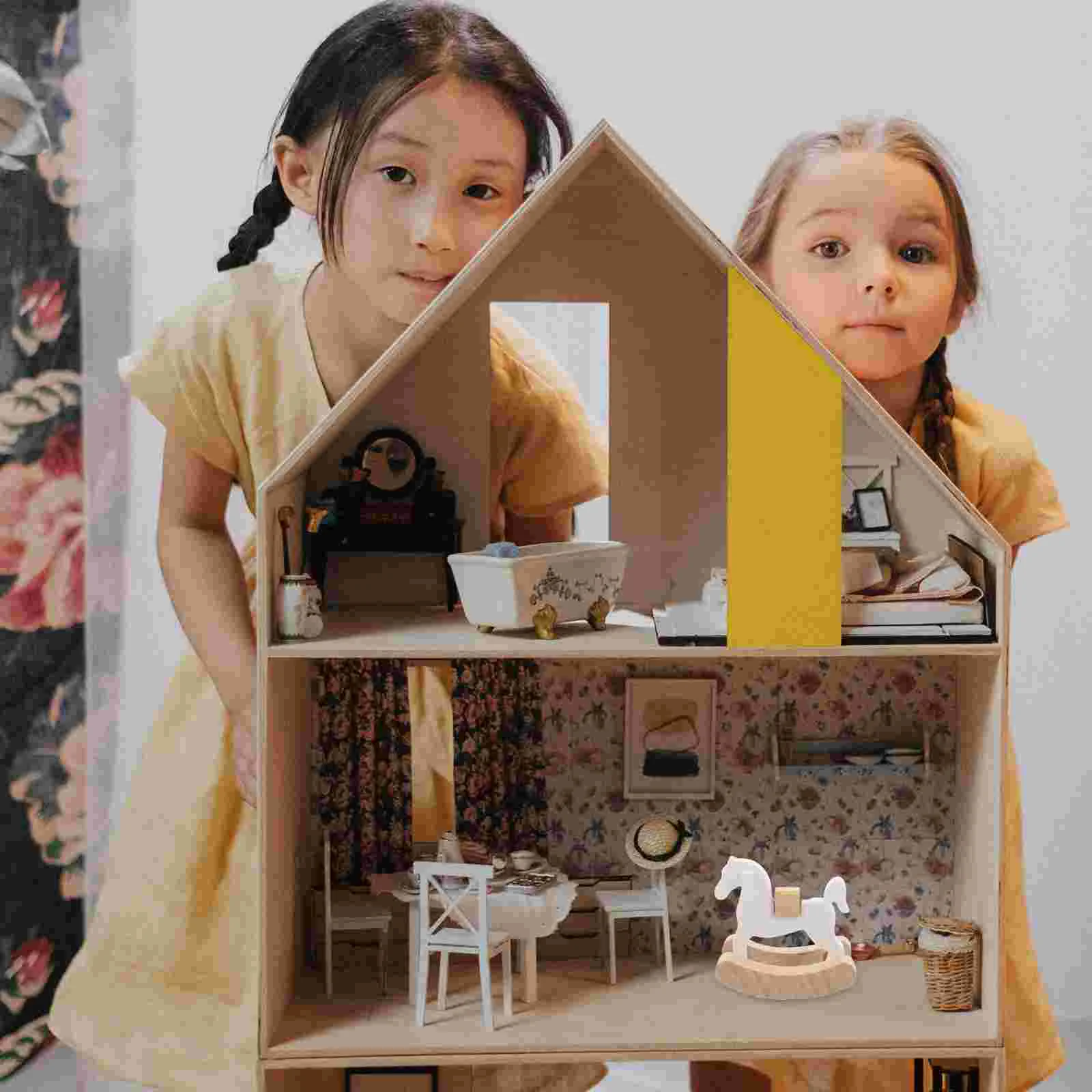 Small Wooden Horse Dolls for Girls Miniature Furniture Rocking House Rocking-chair Prop Wood Pp Layout Baby