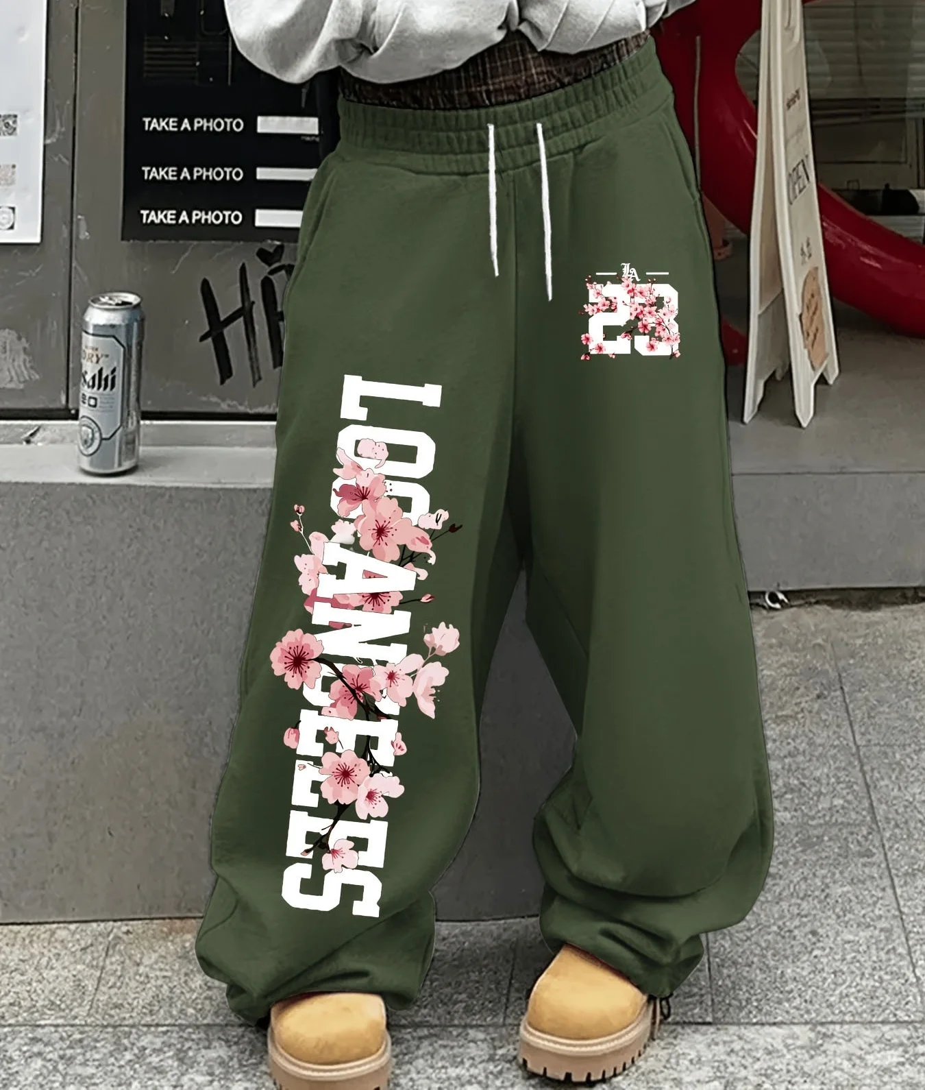 Men's Women's American Straight Leg Sweatpants Los Angeles Large Letter Sakura Number Print Loose Drawstring Trend Street Daily