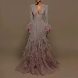 A-Line Star Dresses Evening Prom V-Neck Black Long Sleeve Feather And Floor Skirt Trailing Wedding Dresses 2024 Sequin