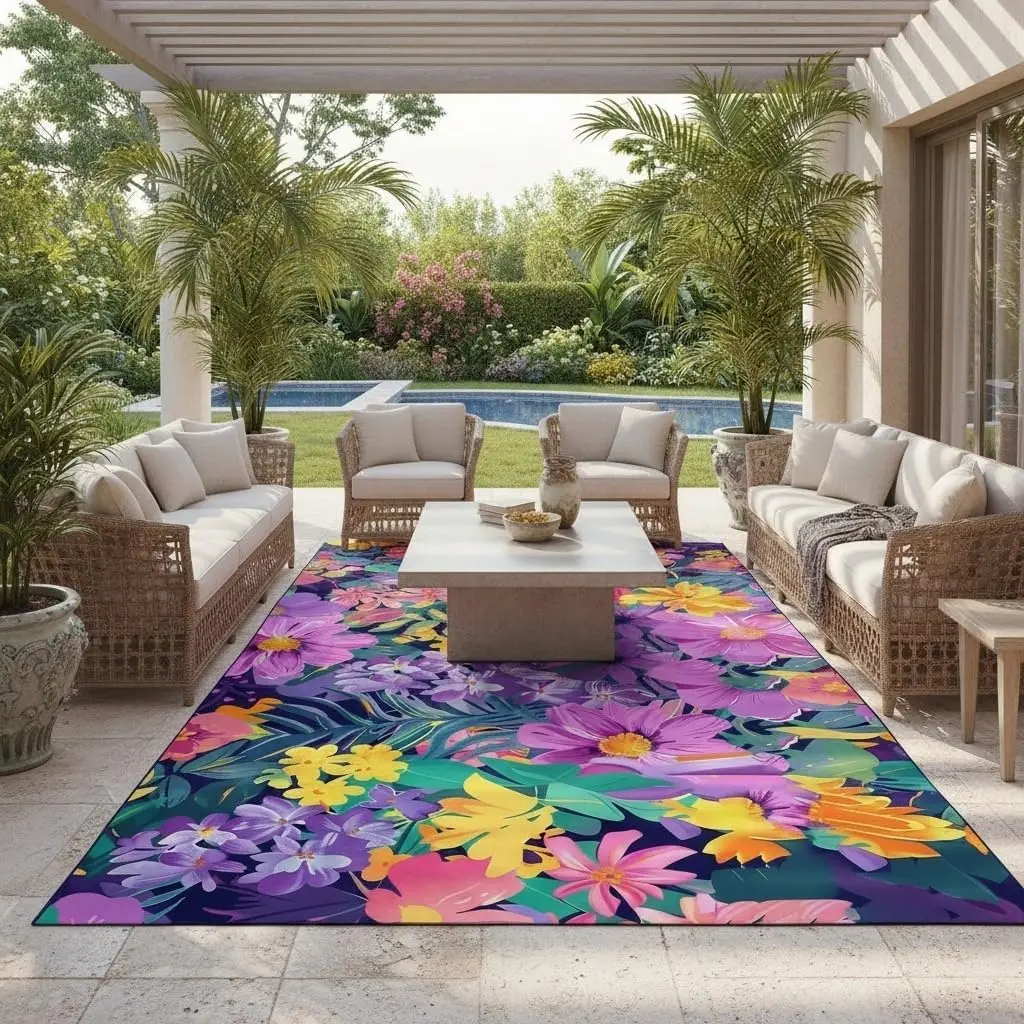 Vibrant Floral Outdoor Rug 4x6 Modern Washable Outdoor Area Rug for Patio Porch Deck Balcony Courtyard Tropical Boho Purple Pink