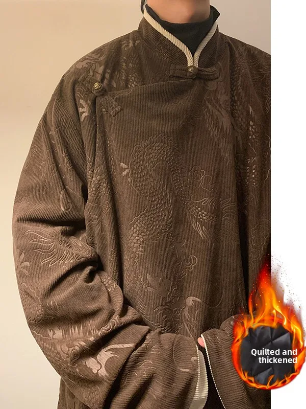 

New Chinese Sle Hanfu Men's Loose Fit Long Sve T Top with Button Decor Dragon Pattern Casual Winter Clothing