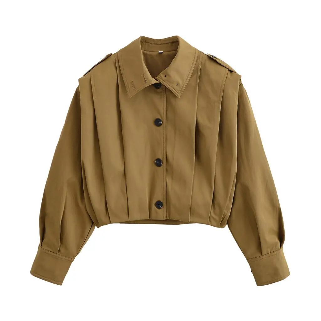 

Women's Long-Sleeved Lapel Jacket Autumn European American Style Loose Pleated Baseball Uniform for