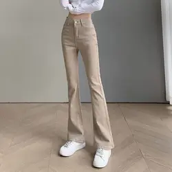 Retro Slim Fit Skinny Denim Pants for Women Khaki Flared Trousers High Waist Shot Womens Bell Bottom Jeans South Korea Unique A