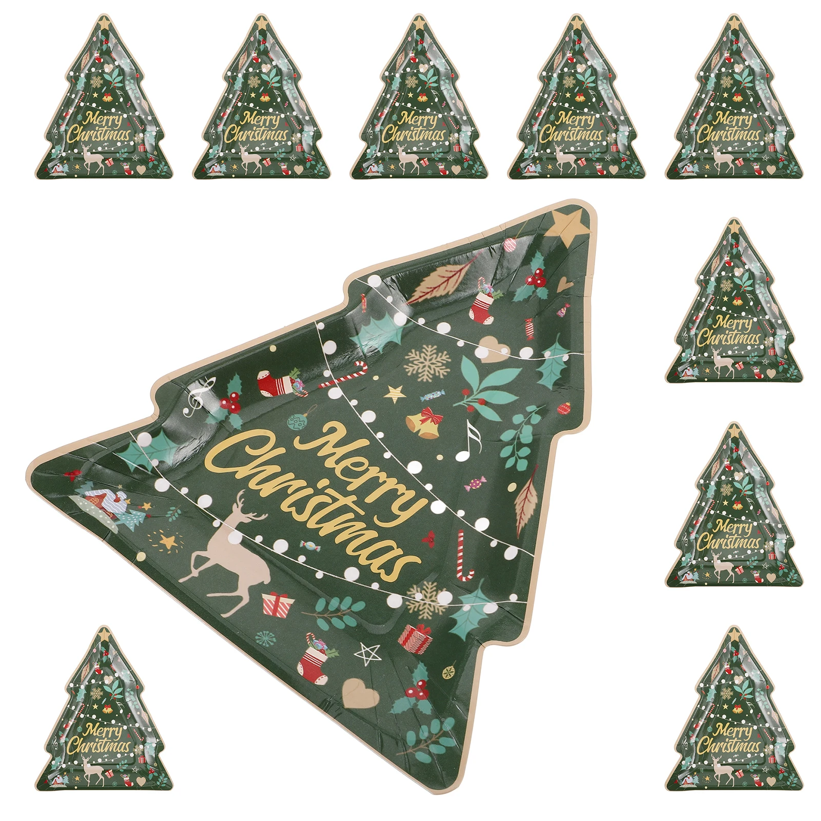 

10pcs Christmas Tree Dinner Plates Holiday Decorative Gingerbread Elk Gold Party Supplies Winter Disposable Tableware
