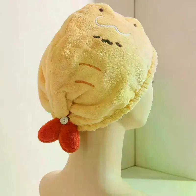 Women's Quick-Dry Absorbent Thickened Korean Cute Fried Shrimp Embroidered Shower Cap Towel 1PCS