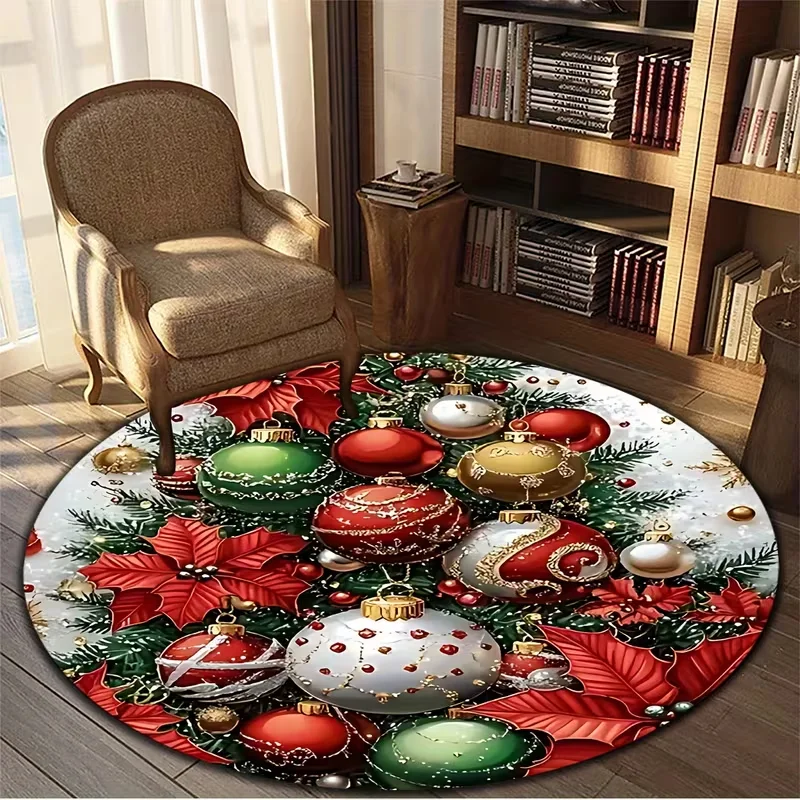 Round Red Merry Christmas Bauble Snowflake Area Rug Xmas Letter Ornament Pattern Decor Carpet For Playroom Bedroom