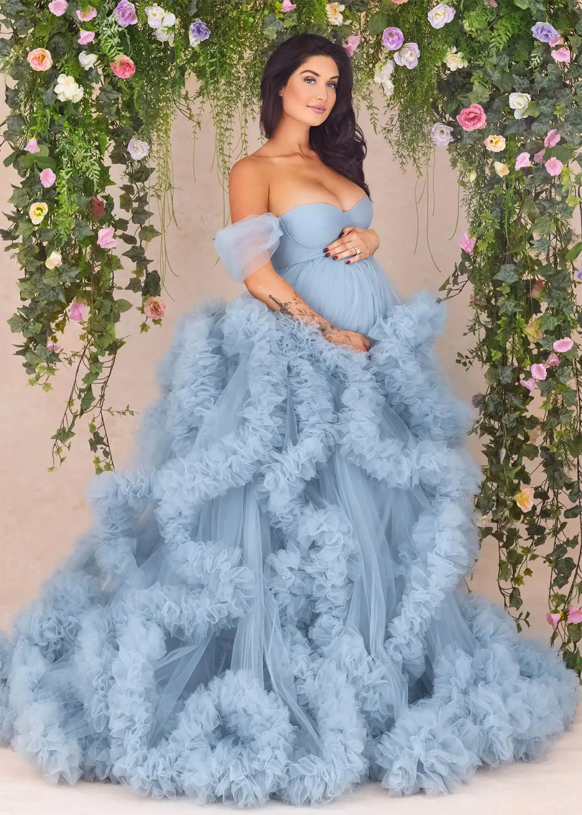 Gaun foto Ruffles gaun fotografi lengan pendek bahu terbuka jubah kehamilan Tulle tembus pandang gaun pesta bersalin Baby Shower