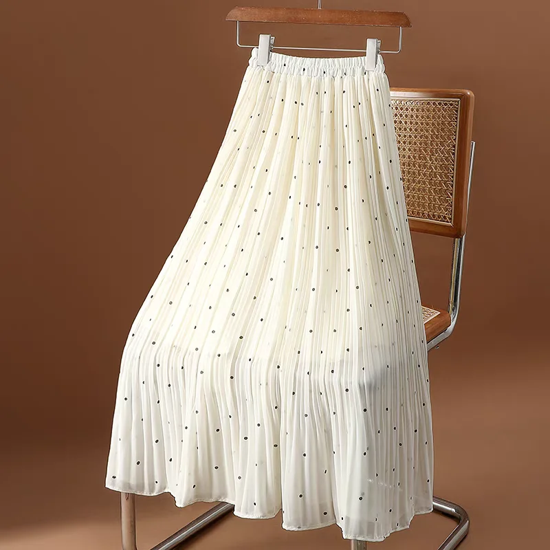 

Fresh wavelet point chiffon pleated midi skirt for women ummer 2024, polka dots, fine pleats, high waist, A-line crotch skirt