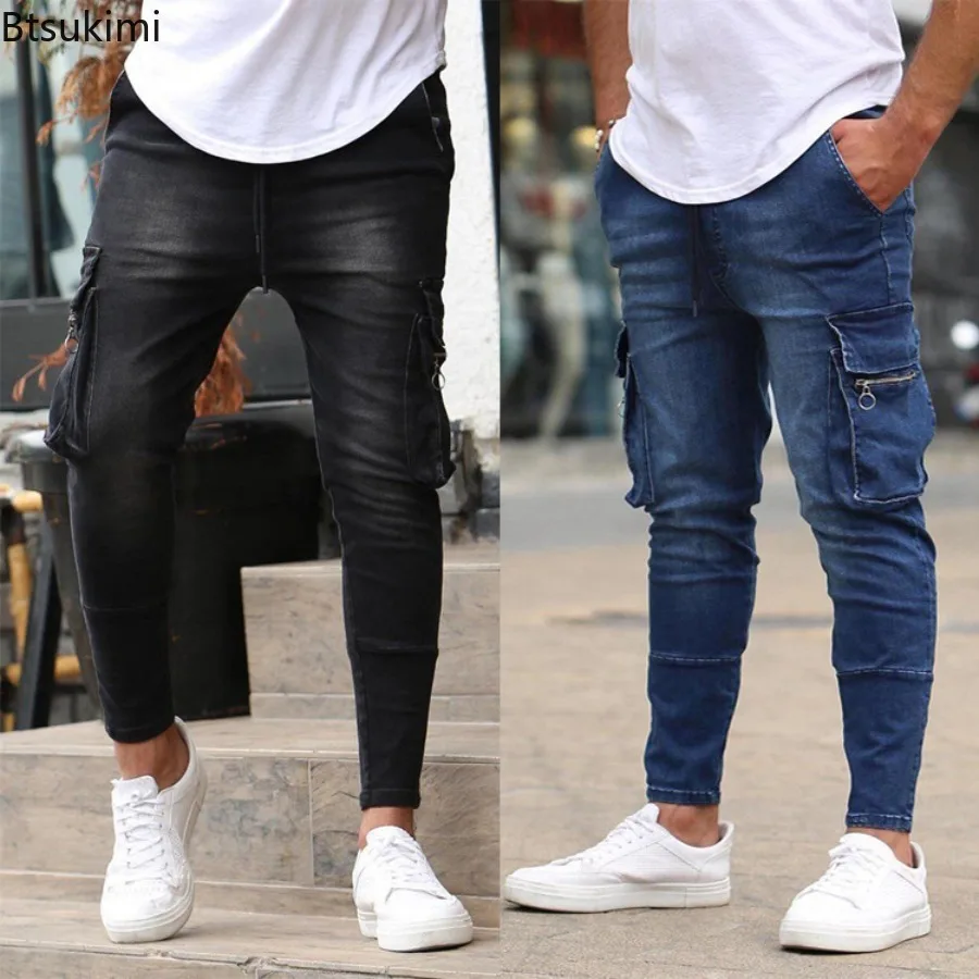 

Street Style Jeans Men's Side Big Pocket Cargo Pants Fashion Zipper Small Foot Denim Pants Man Elastic Slim Fit Jogging Trousers