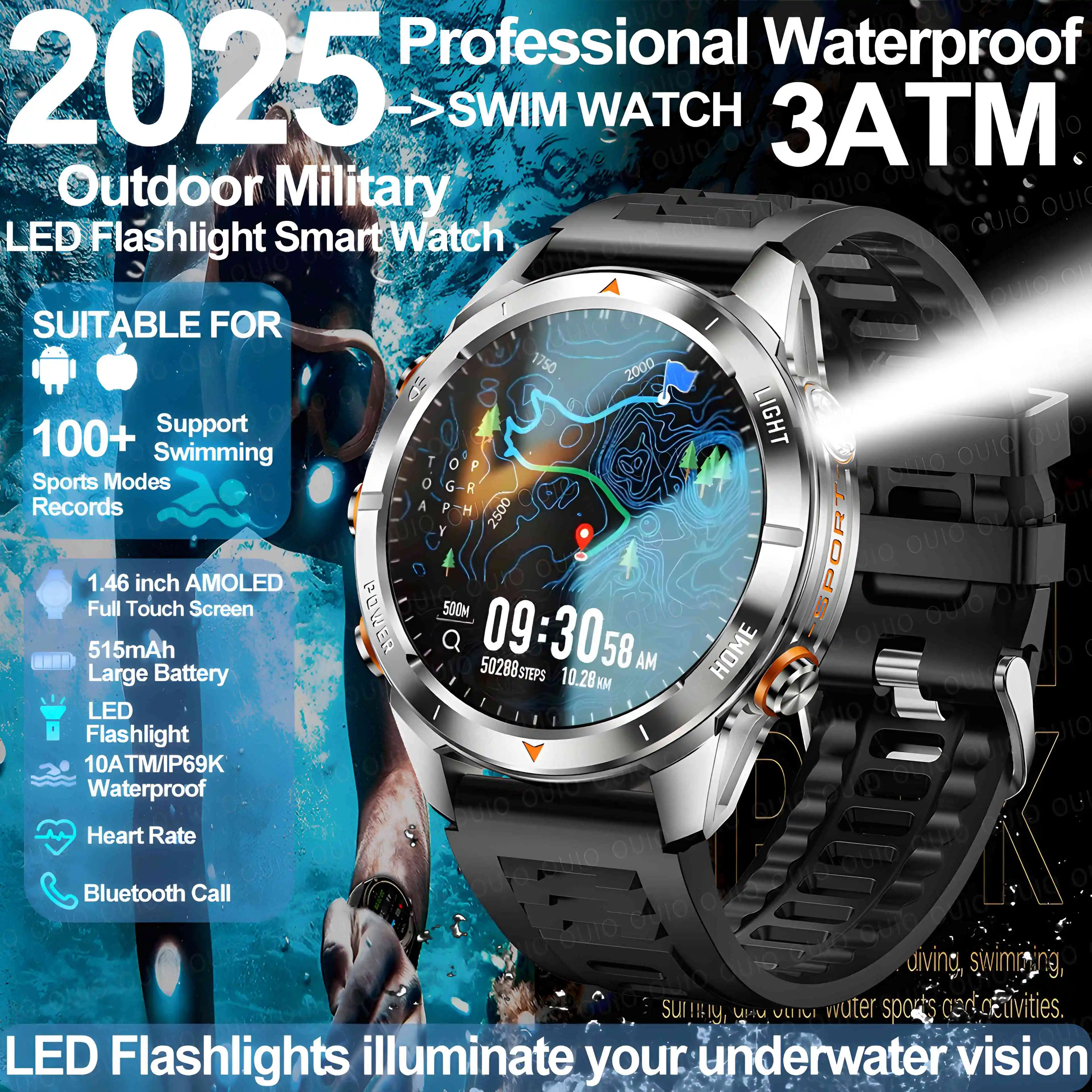 

New For HUAWEI Outdoor Sports Men Smart Watch IP69K 3ATM Waterproof 100+ Sports LED Flashlight Modes 515mAh BT Call Smart Watch