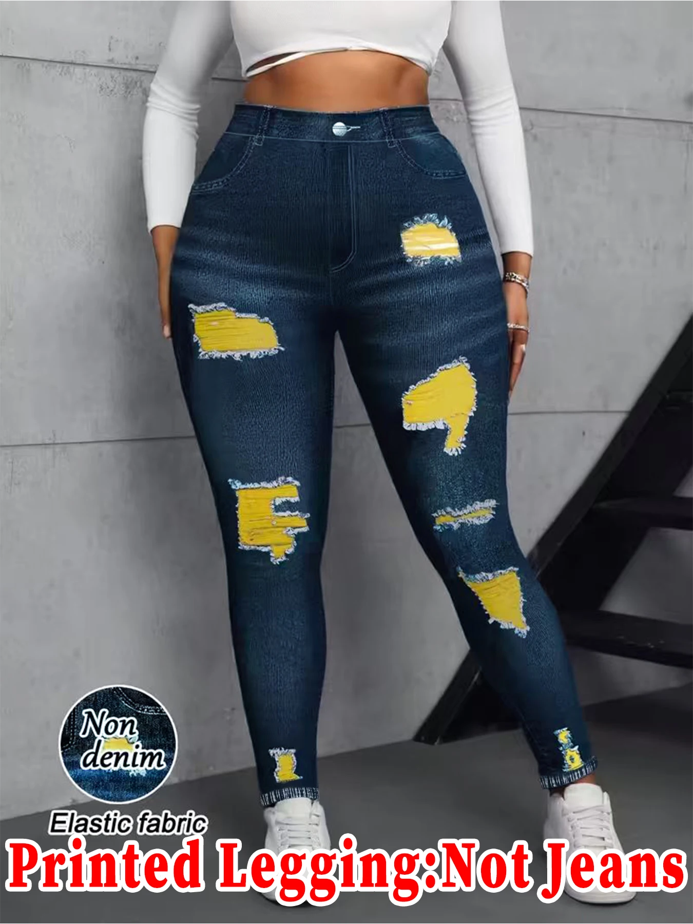 Damen Ripped Faux Denim Leggings, Hohe Taille, Stretch, Skinny, Nicht aus Denim, Fake Jeans, Lässige Vielseitige Sport-Slim-Hose – Detail 1