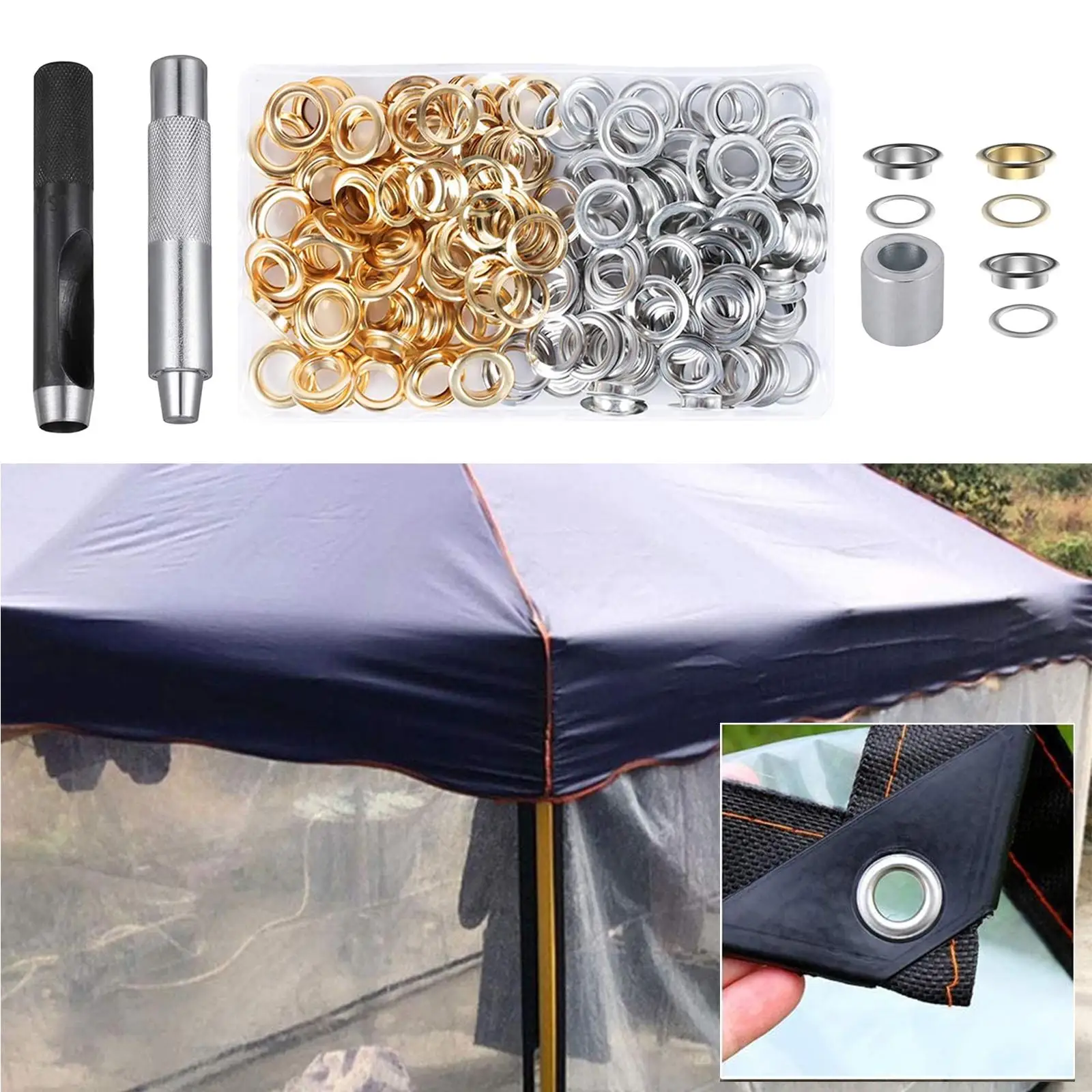 

120 Sets Copper Grommets Eyelets Kit Grommet Setting Tool 3pcs Installer for Tarpaulin Fabric Curtains
