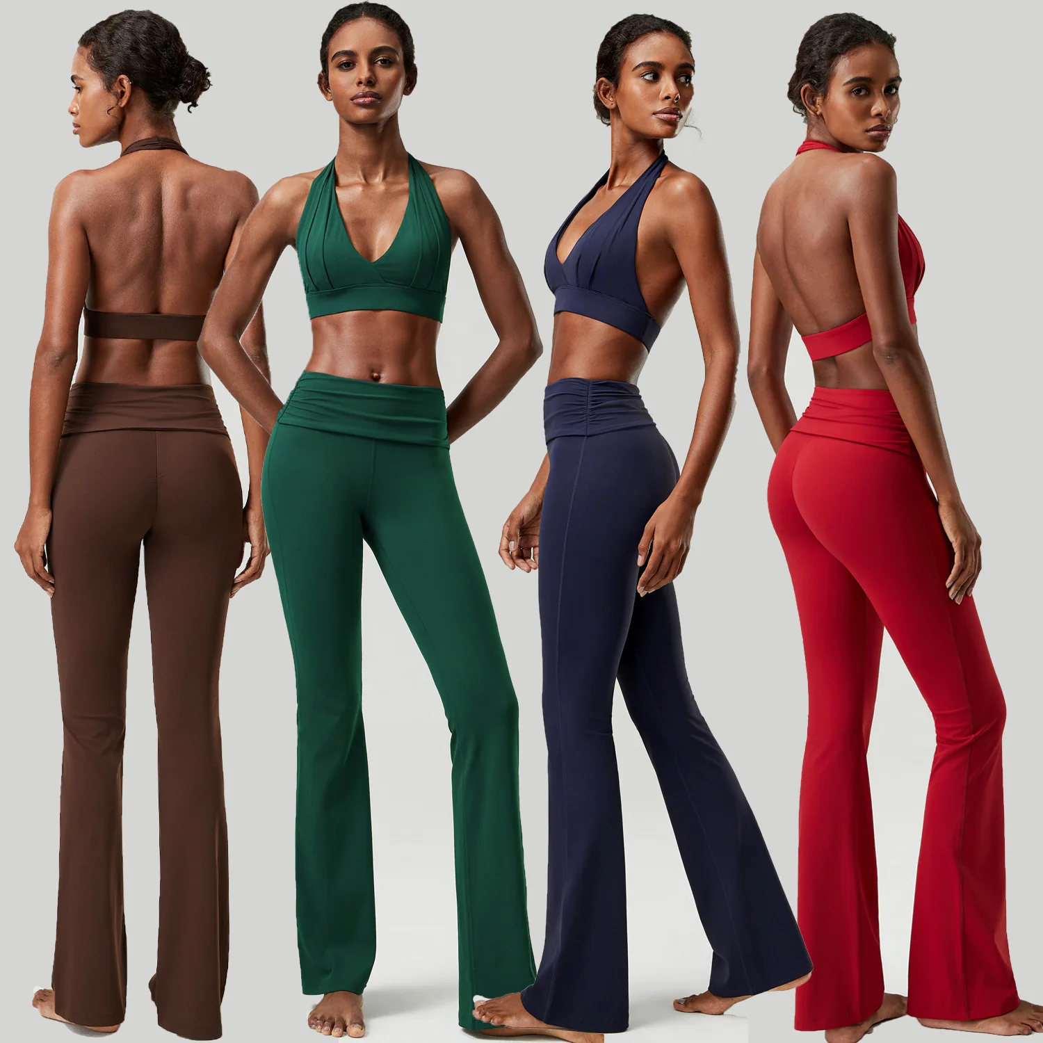 Women Yoga Set 2 PCS Halter V Neck Backless Sports Bra Fold Over Waist Flare Leggings Nude Feel Soft Gym Pilates Workout Clothes