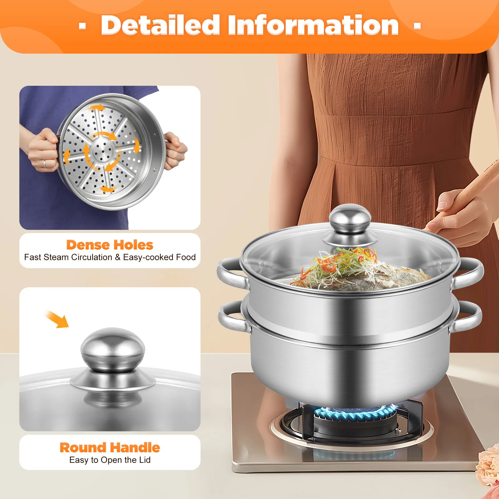 

4-Layer Stainless Steamer, Fast Steam Circulation, Nutrient-Retaining, Fits All Stoves, For Dumplings, Poultry, Home Kitchens
