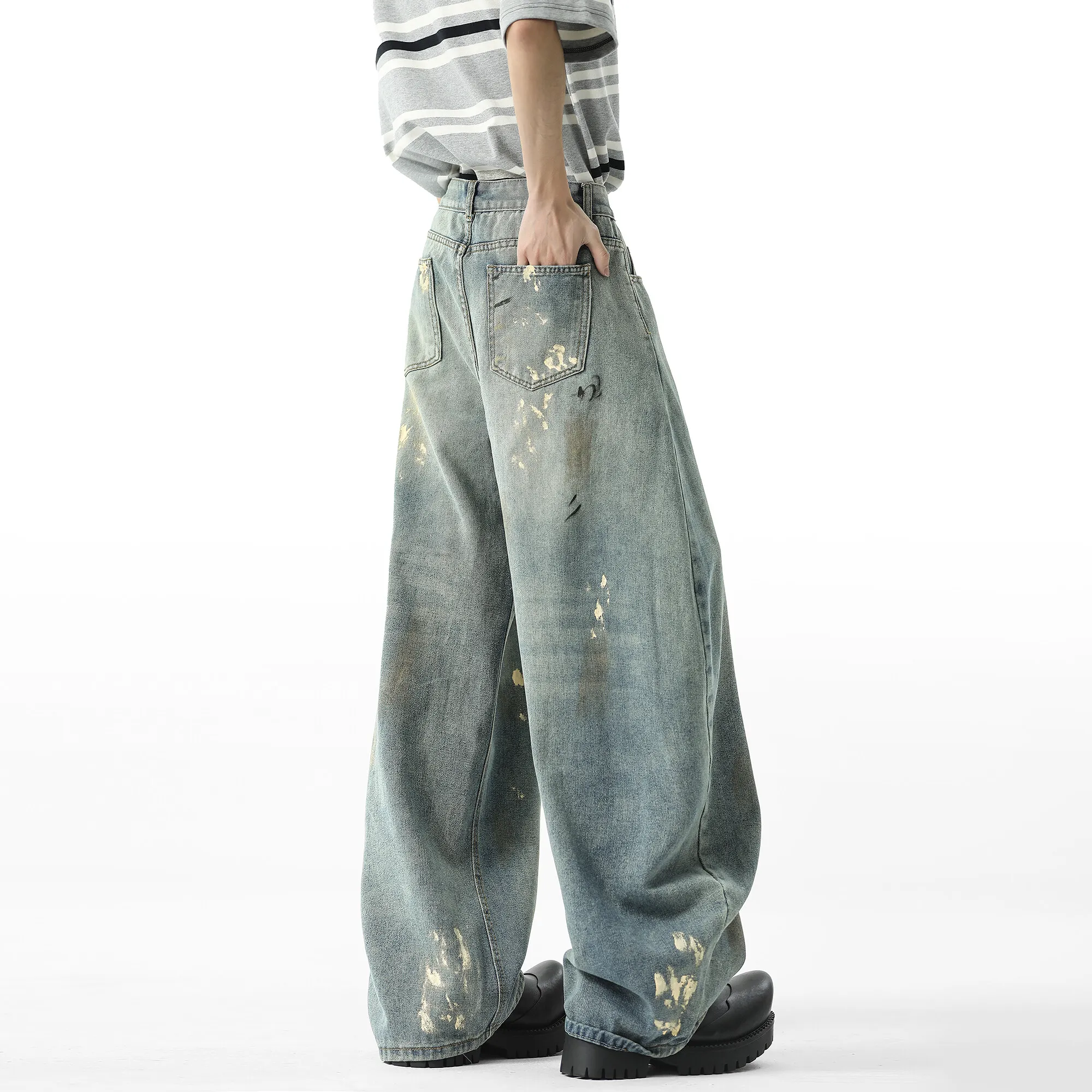 Men Blue Washed Denim Jeans Loose Fit Wide Leg Baggy Streetwear Casual Trousers Hip Hop Graffiti Design Fashion Stretch Comfort