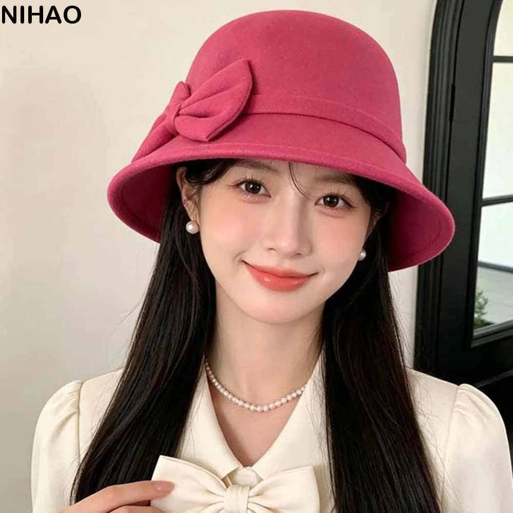 Korean Style Winter Woolen Hat Warm Fleece Solid Color Retro Cloche Cap Chic Design Cute Bow Elegant Bucket Hat Fashion Ladies