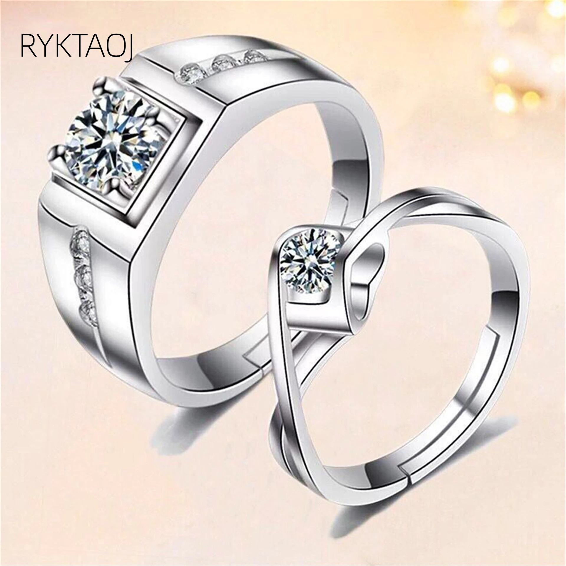 925 Sterling Silver Couple Rings Set Heart‑Design Moissanite Matching Promise Rings Adjustable Wedding Band Lovers Jewelry Gift