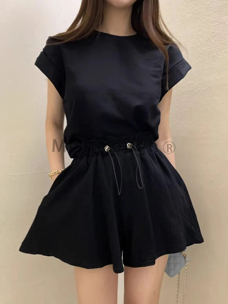 South Korea Chic Summer Temperament Suit Female Back Slit Strap Short Sleeve T-shirt Top+Drawstring Wide Leg Shorts 2 Piece Set