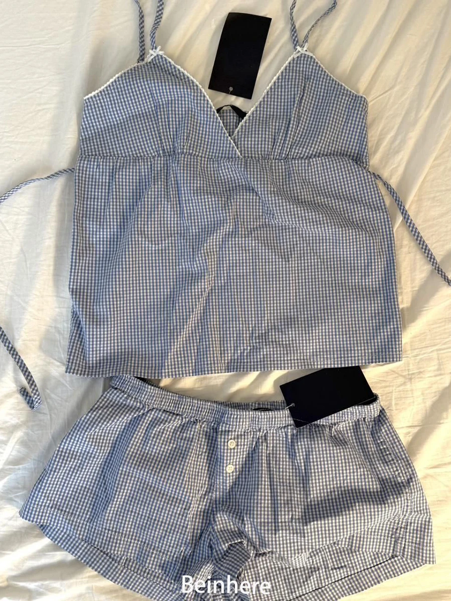 

Blue Plaid Tank Shorts Set Woman Back Lace-up Bow Lace Trim V-neck Camis+Buttons Sweatshorts Sweet Home Cotton 2 Piece Sets Y2k